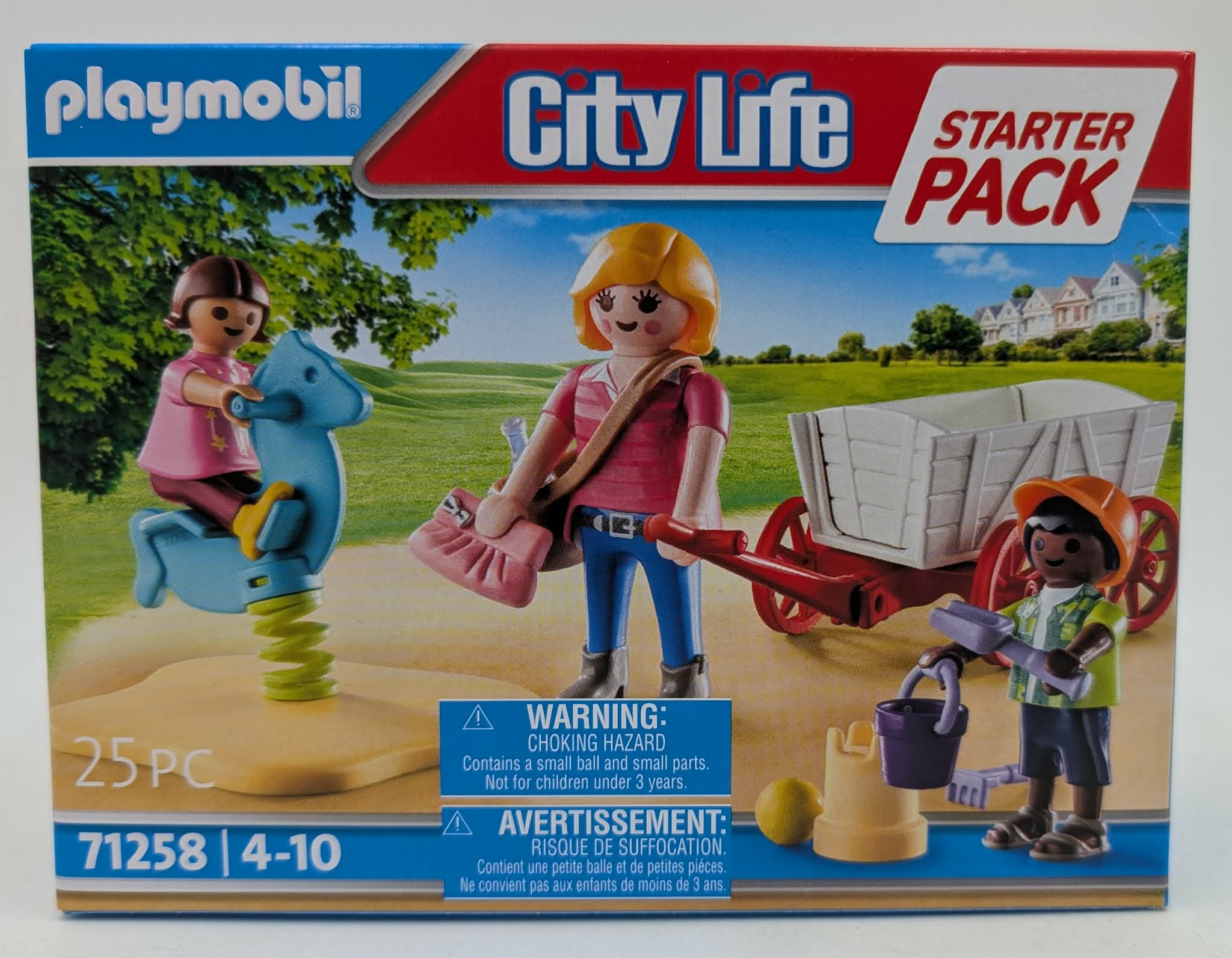 Playmobil City Life Starter Pack mit drei Figuren, einem Wagen und einem Spielzeugpferd.