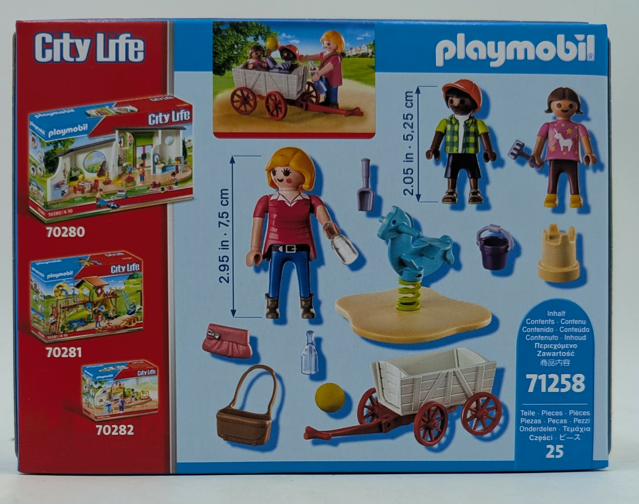 Playmobil City Life Karton mit Spielzeugsets und Figuren. Enthält Wagen, Spielplatz, Haus.