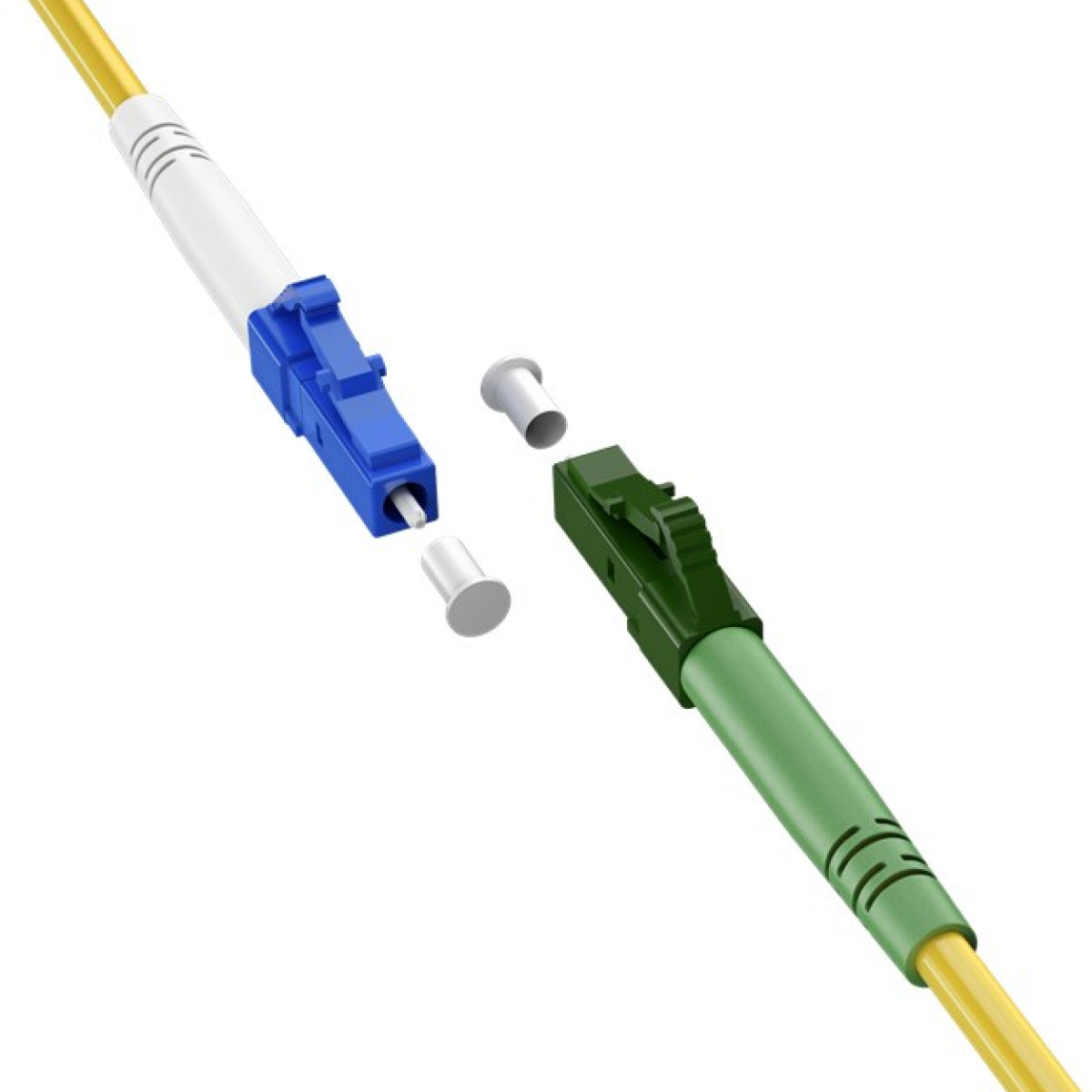 Se muestran dos conectores de fibra óptica, uno azul y otro verde, con cables amarillos.