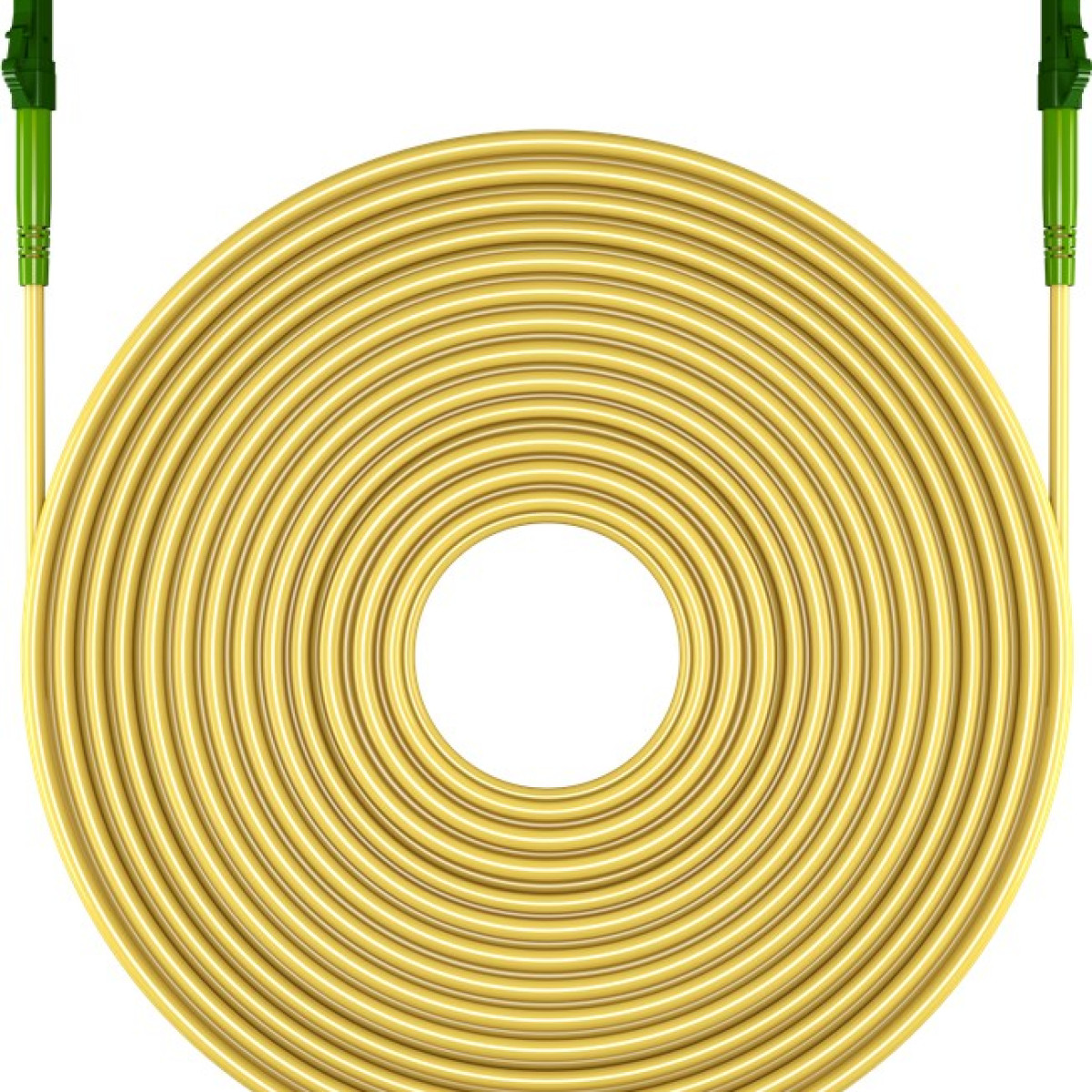 Un cable amarillo enrollado en círculo con conectores verdes en cada extremo.