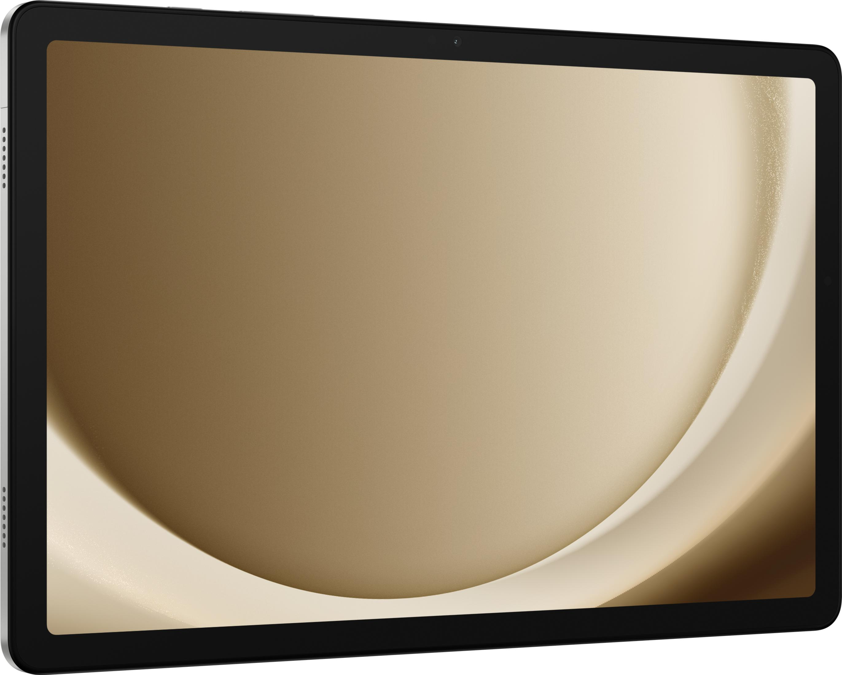 Un tablet argentato con cornice nera, che mostra uno sfondo dorato e ondulato.