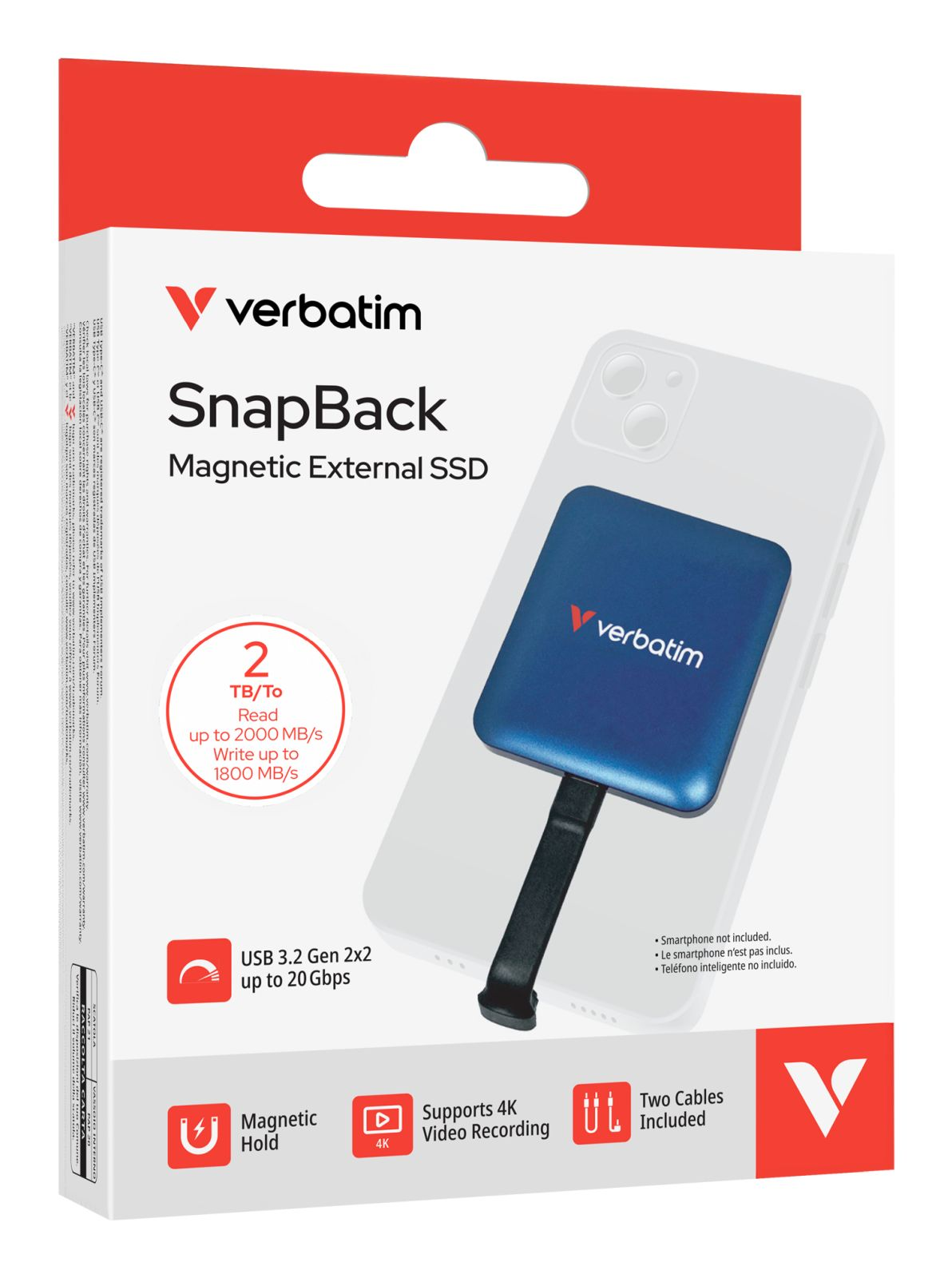 Verbatim SnapBack SSD-Verpackung zeigt blaue SSD auf Smartphone.