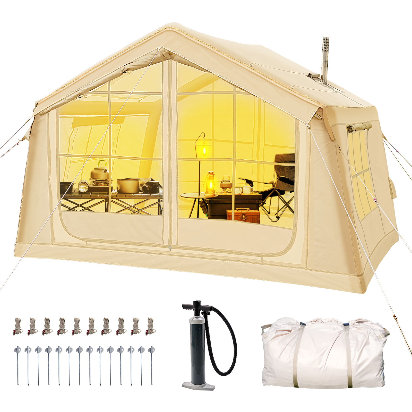 Beiges Zelt mit Fenstern, darin Möbel und Lampen. Zubehör: Pumpe, Seile, Heringe, Tasche.
