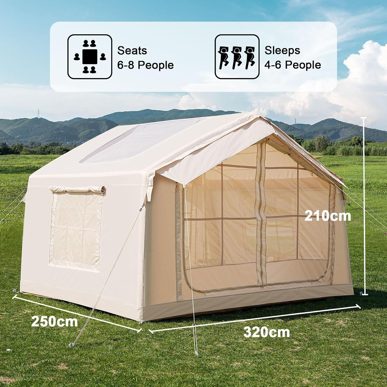 Eine beigefarbene Zelt mit Maßen 320x250x210cm, für 4-6 Personen, steht auf Gras.