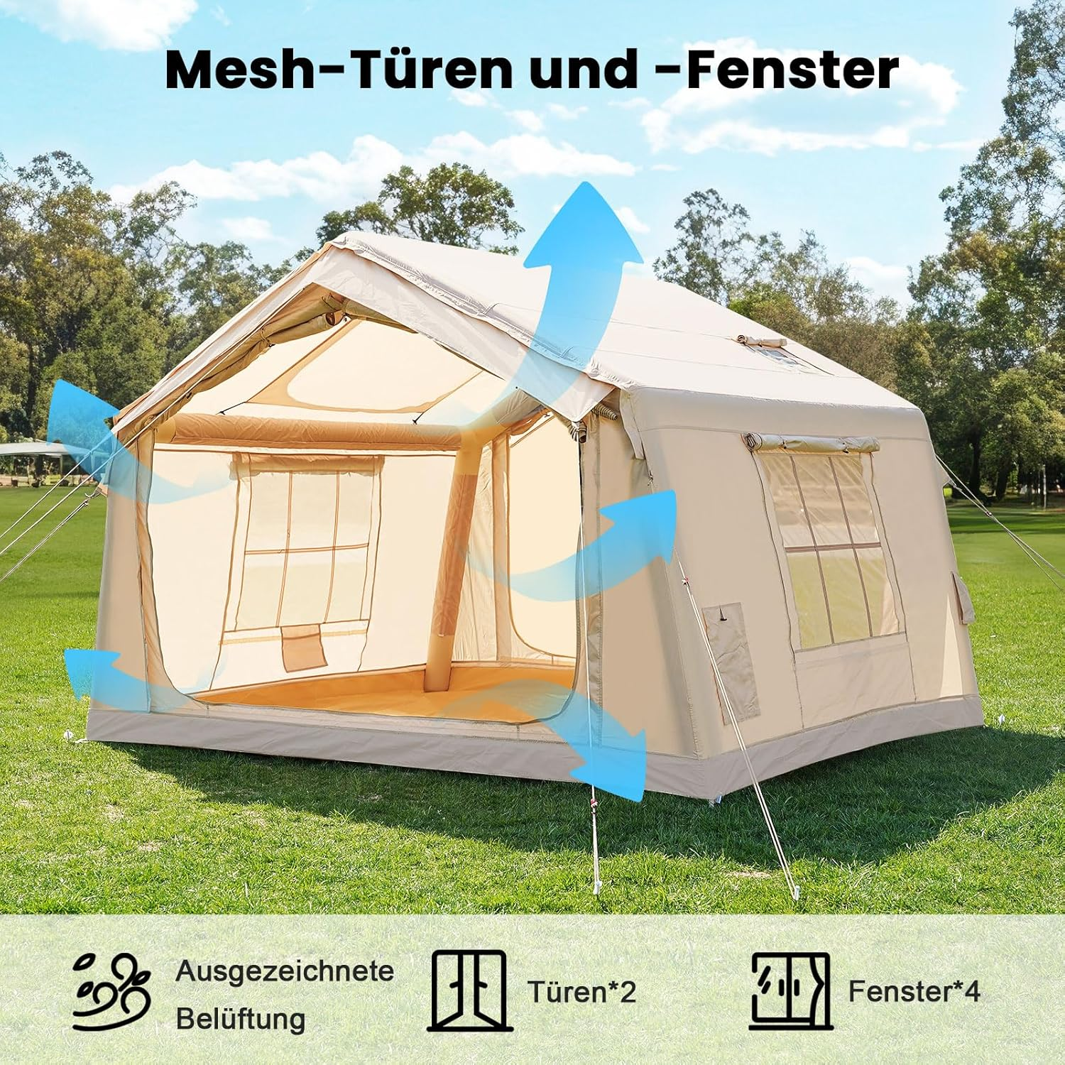 Beige Zelt mit offenen Fenstern und Türen auf einer grünen Wiese.