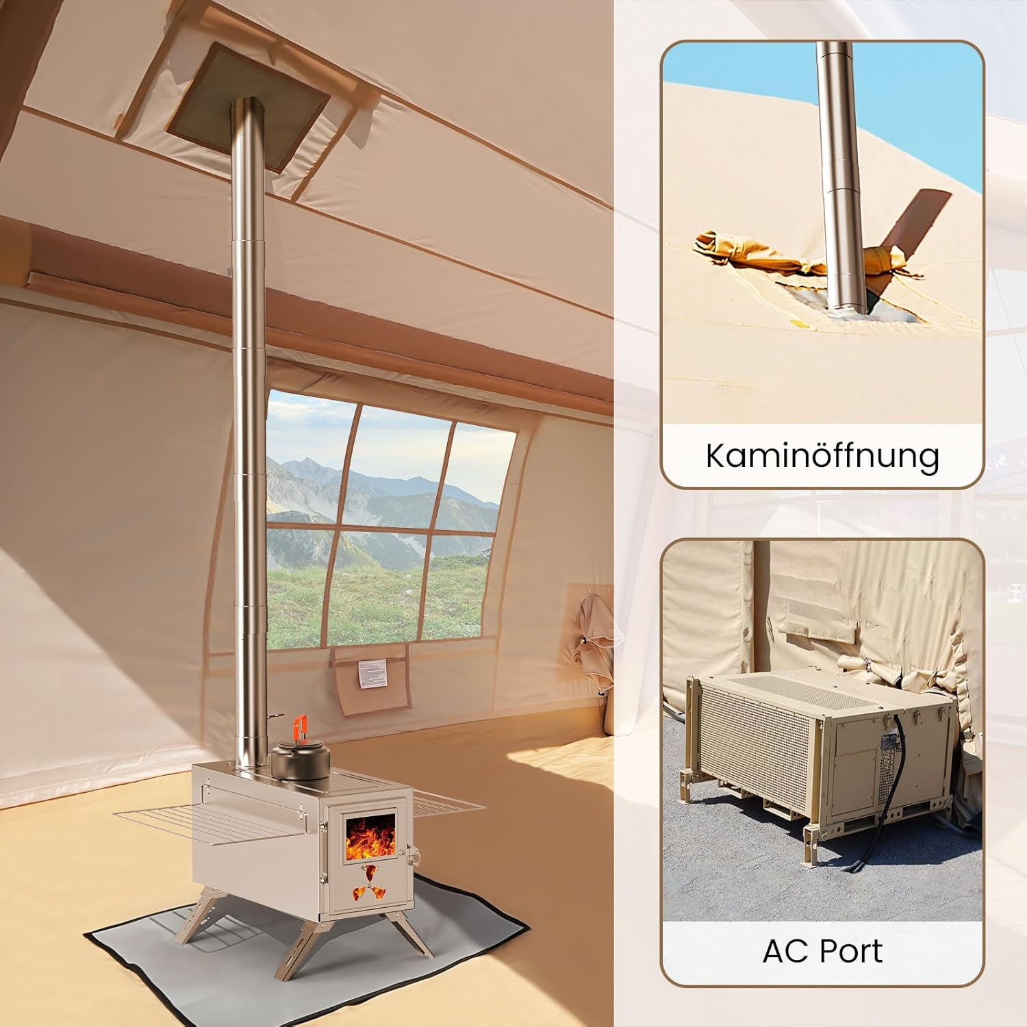 Ein Zelt mit einem Ofen, einem Kamin und einem AC-Anschluss.
