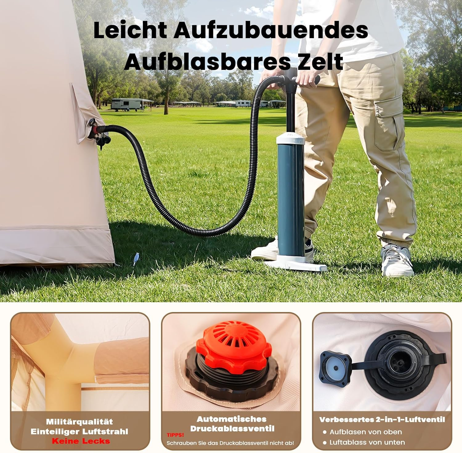 Person pumpt ein aufblasbares Zelt auf. Details zeigen Ventil und Materialqualität.