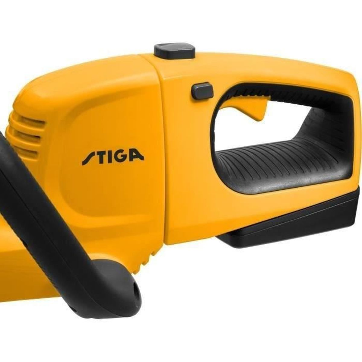 Gelber STIGA Trimmer mit schwarzem Griff und Bedienelementen.