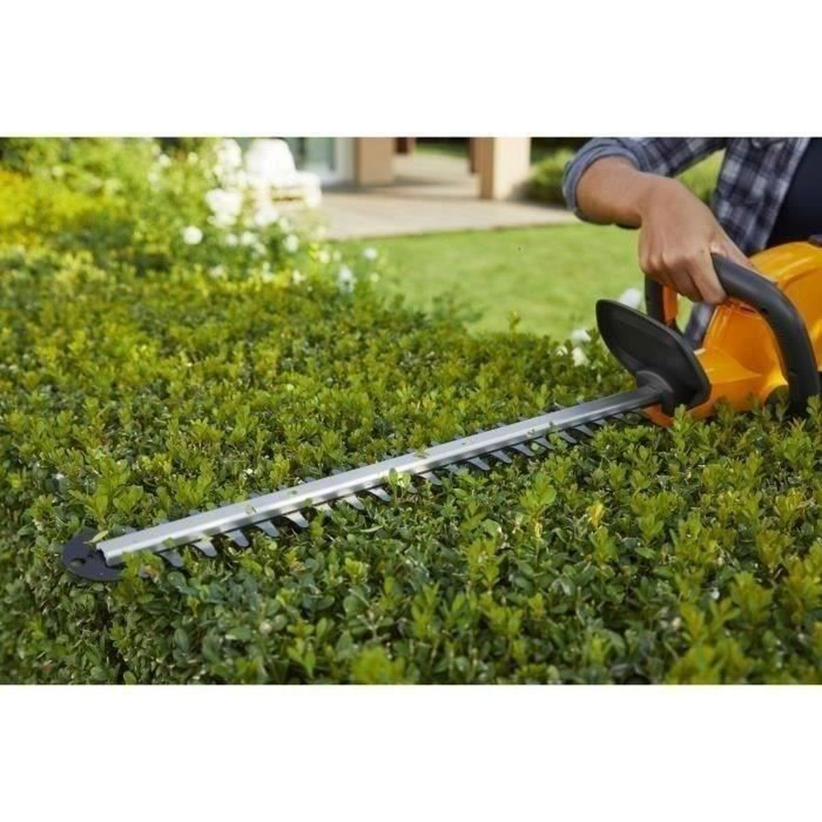 Eine Person trimmt mit einem elektrischen Heckenschneider einen grünen Busch im Garten.