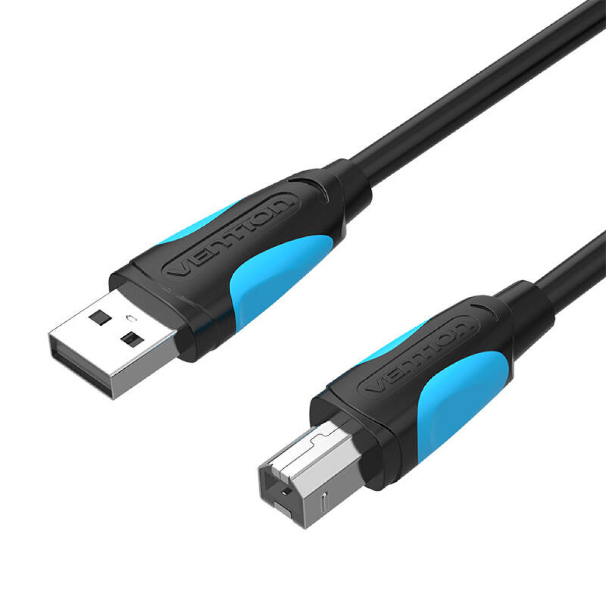Un cavo USB nero con accenti blu e logo VENTION.