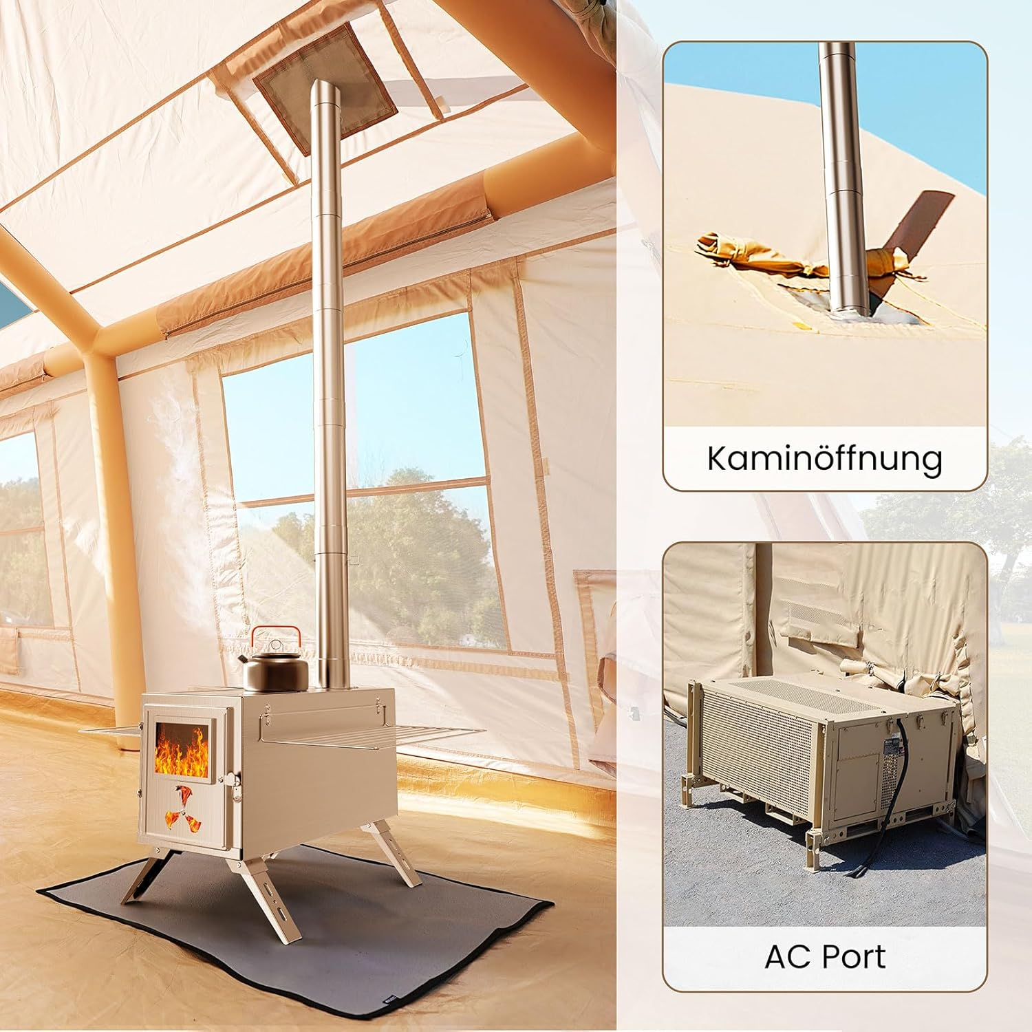 Ein Zelt mit einem Ofen und einem Kamin, sowie ein Klimaanlagenanschluss.