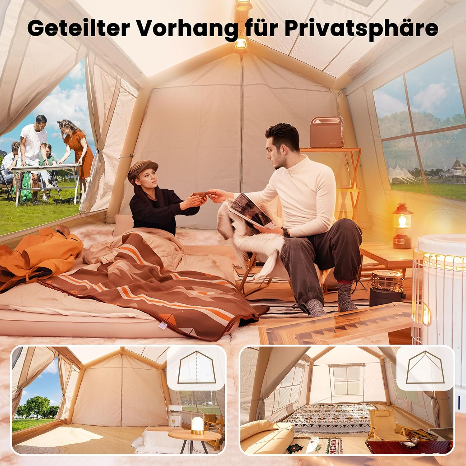 Ein Mann und eine Frau sitzen in einem Zelt, ein Hund liegt zwischen ihnen.