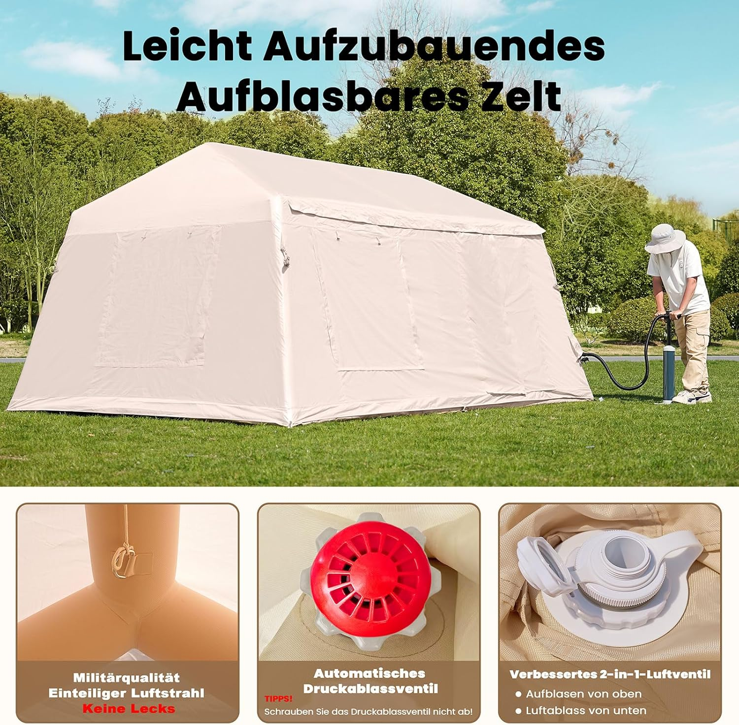 Ein Mann pumpt ein aufblasbares Zelt auf. Nahaufnahmen zeigen Luftventile und Luftstrahl.