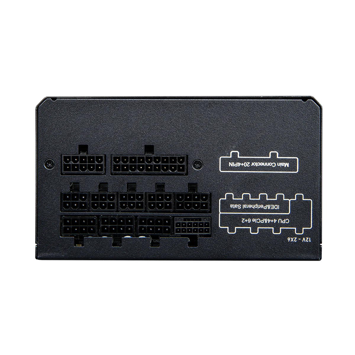 Schwarzes Netzteil mit Anschlüssen für Mainboard, CPU, SATA und Peripherie.