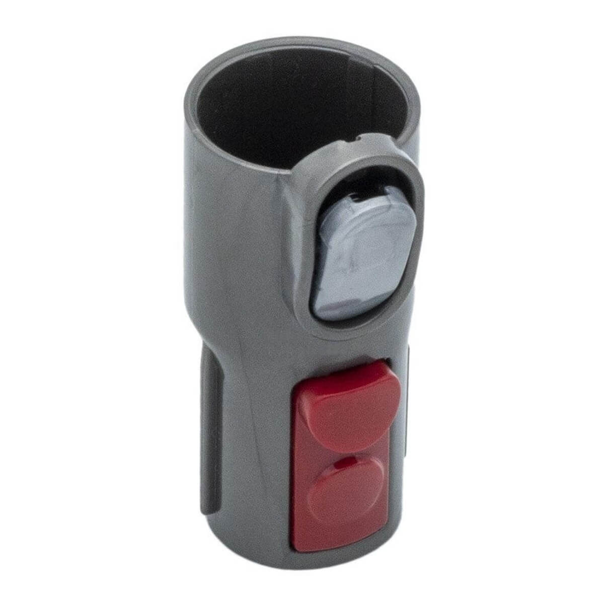 Grauer Adapter mit rotem und grauem Knopf.