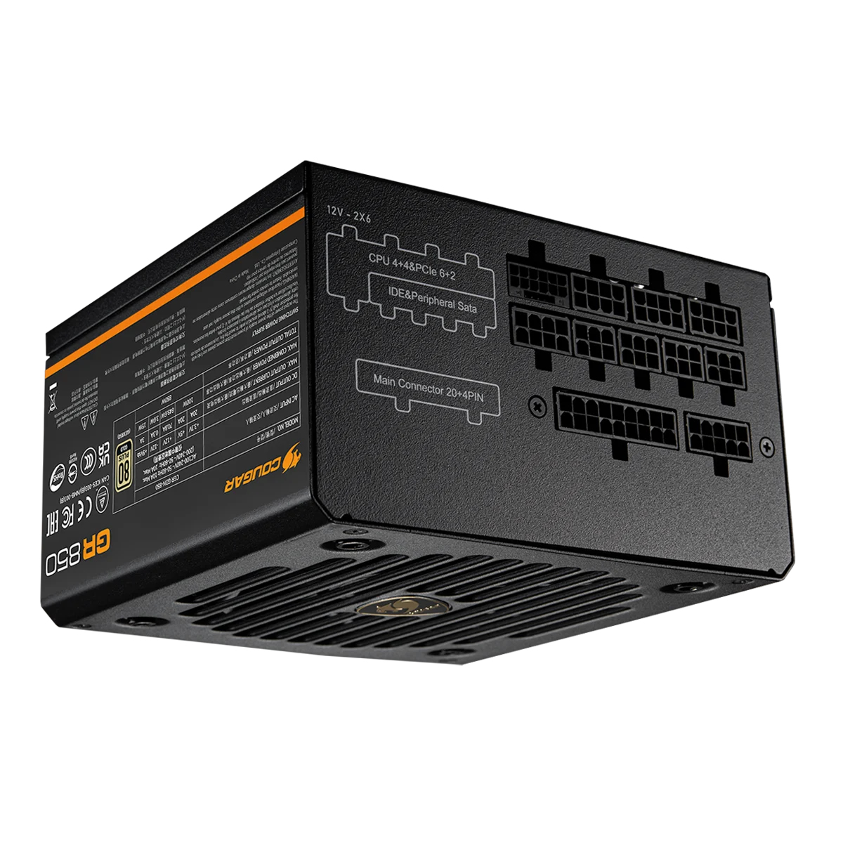 Schwarzes Netzteil mit Anschlüssen für CPU, PCIe, SATA und Hauptstrom. Beschriftungen und COUGAR-Logo.