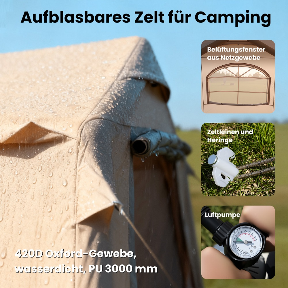 Aufblasbares Campingzelt aus wasserdichtem 420D Oxford-Gewebe mit Belüftungsfenster.