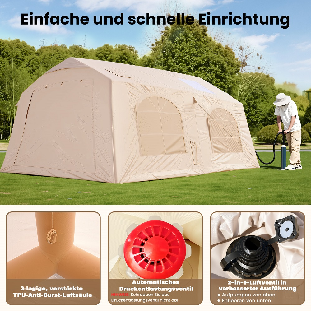 Ein aufblasbares Zelt wird mit einer Pumpe aufgebaut. Detailansichten zeigen Luftsäule, Ventil und Luftventil.