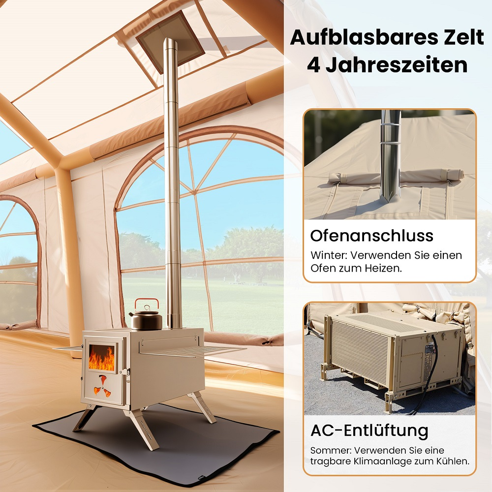 Aufblasbares Zelt mit Ofenanschluss und AC-Entlüftung. Ideal für alle Jahreszeiten.
