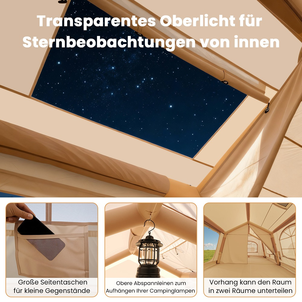 Ein transparentes Oberlicht zeigt Sterne. Unten: Seitentaschen, Lampenaufhängung, Raumteiler.
