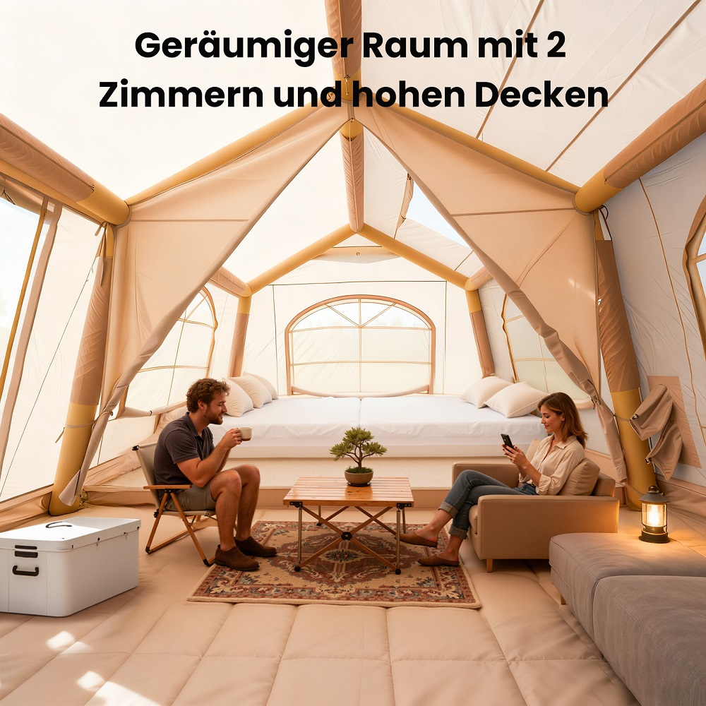 Ein Mann und eine Frau entspannen in einem geräumigen Zelt mit Bett und Möbeln.