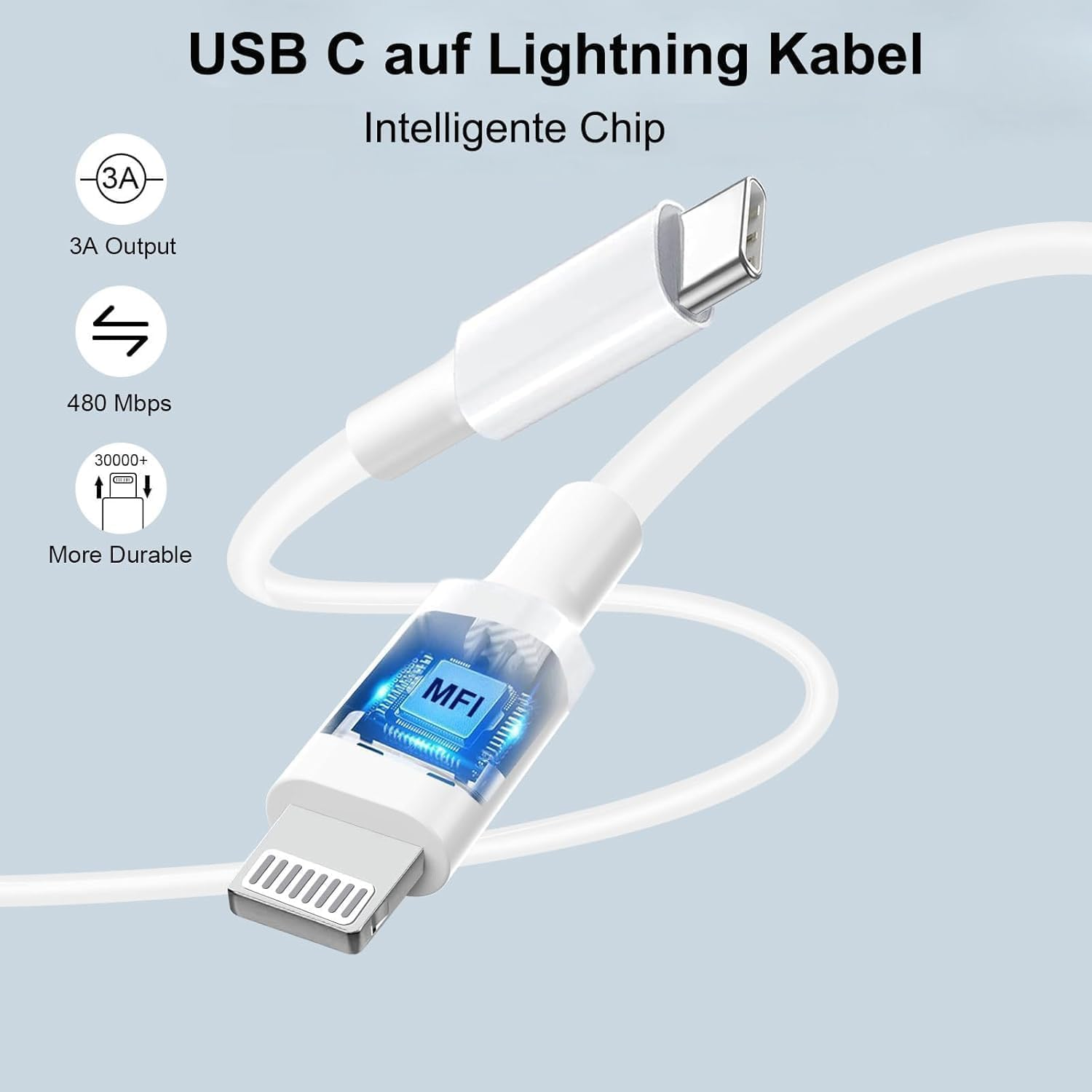 Weißes USB-C-zu-Lightning-Kabel mit MFI-Chip, 3A-Ausgang, 480 Mbps.