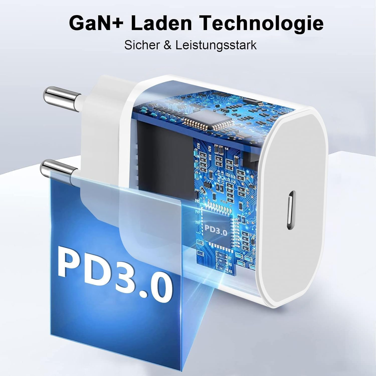 Ein GaN+ Ladegerät mit PD3.0 Technologie, offenes Gehäuse zeigt Platine.