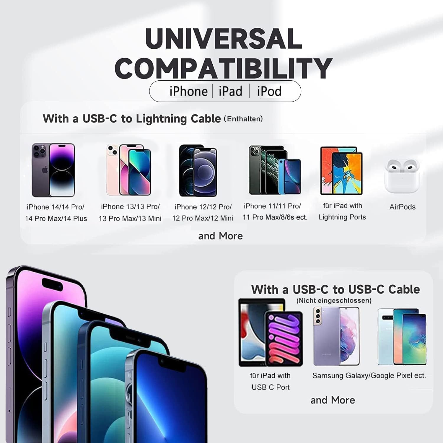 Kompatibilität mit iPhone, iPad, iPod mit USB-C zu Lightning und USB-C Kabeln.