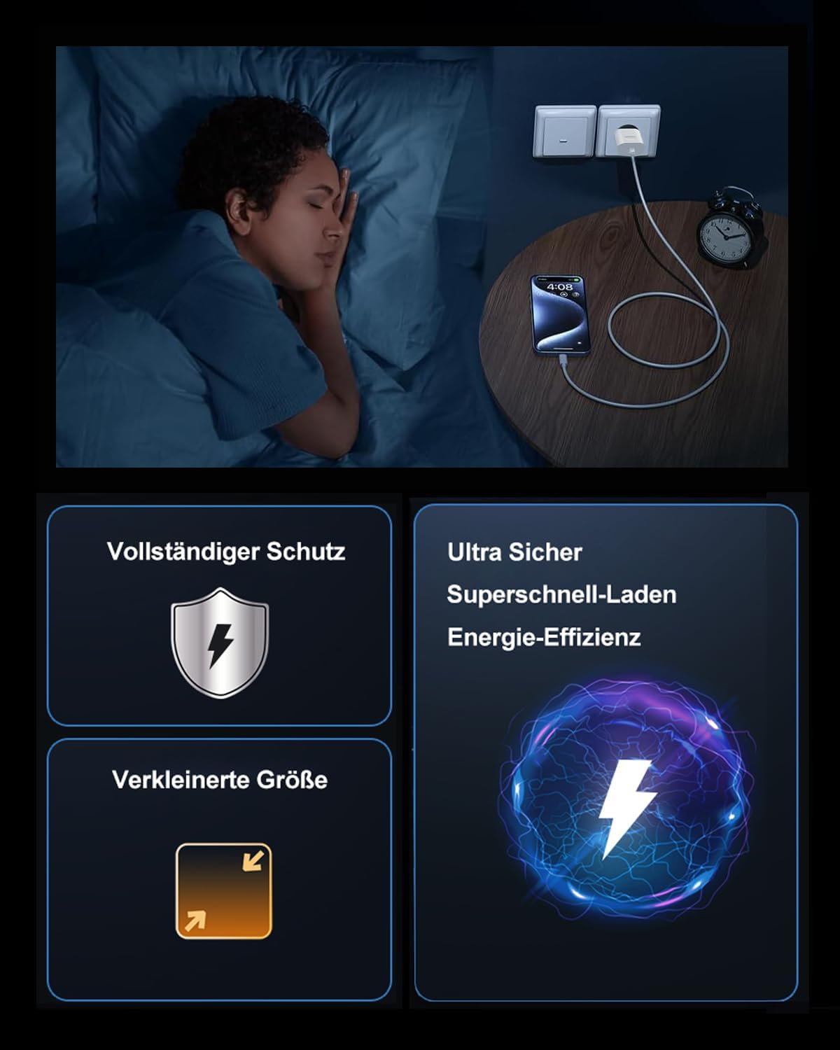 Frau schläft, neben ihr ein Handy lädt an einer Steckdose. Schutz, Größe, Geschwindigkeit.