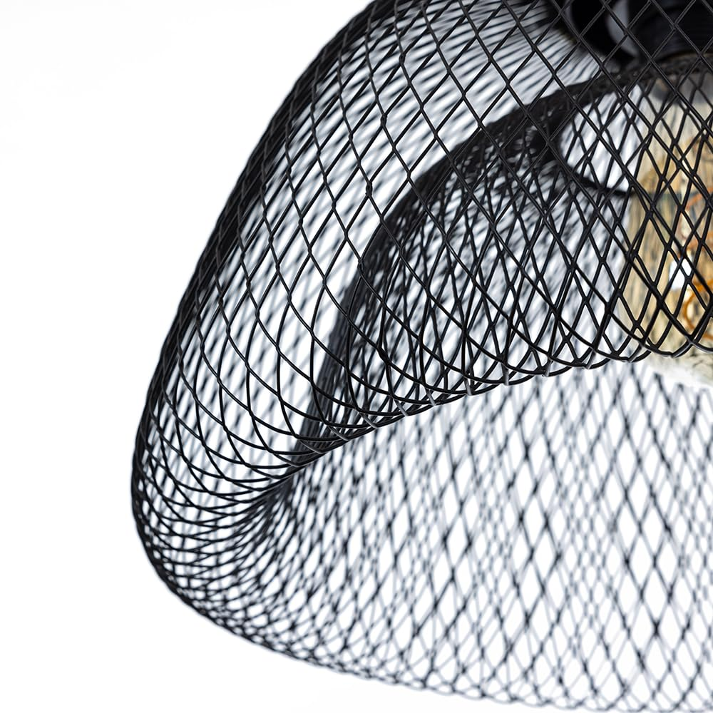 Nahaufnahme einer schwarzen Drahtlampe mit einem sichtbaren Glühbirnenfaden.