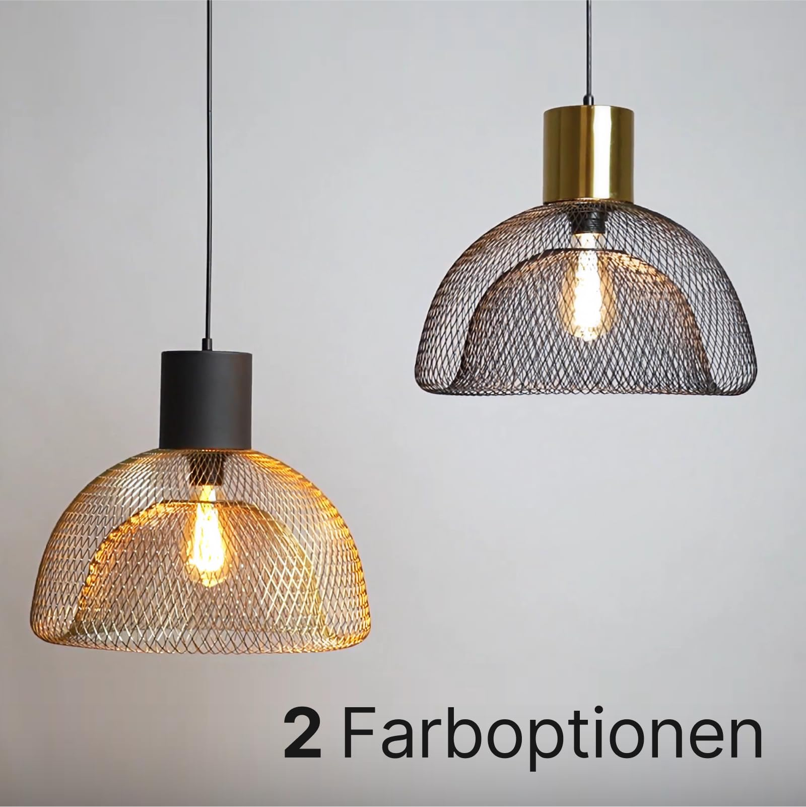 Zwei Hängeleuchten mit Drahtgeflecht-Schirmen in Gold und Schwarz.