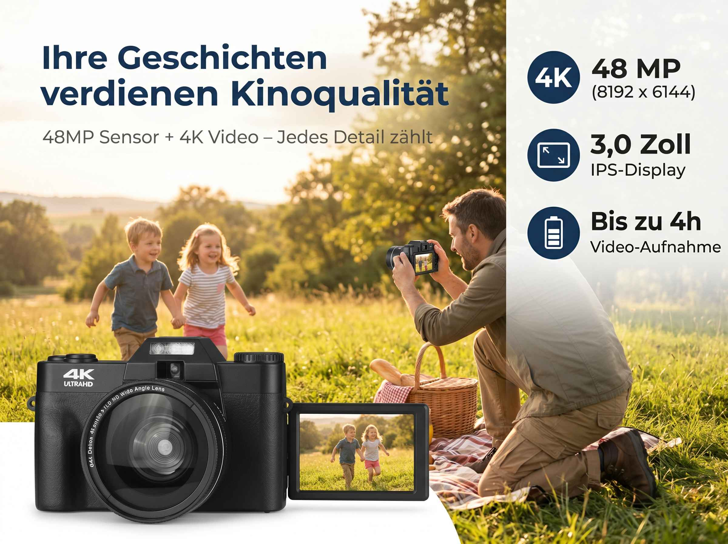 Mann fotografiert Kinder im Freien mit einer Kamera mit 48 MP und 4K-Video.