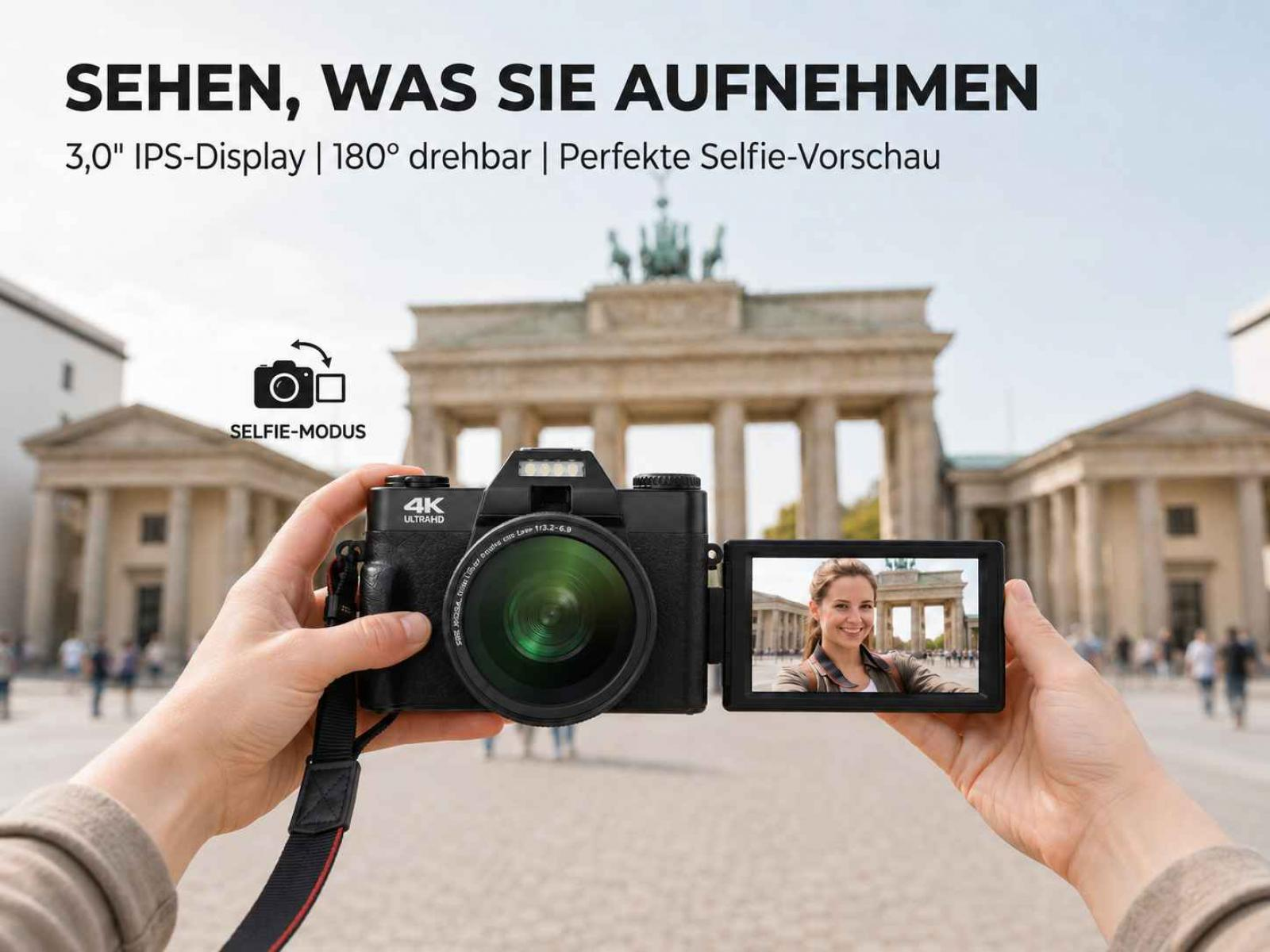 Eine Hand hält eine Kamera mit einem Selfie auf dem Bildschirm vor dem Brandenburger Tor.