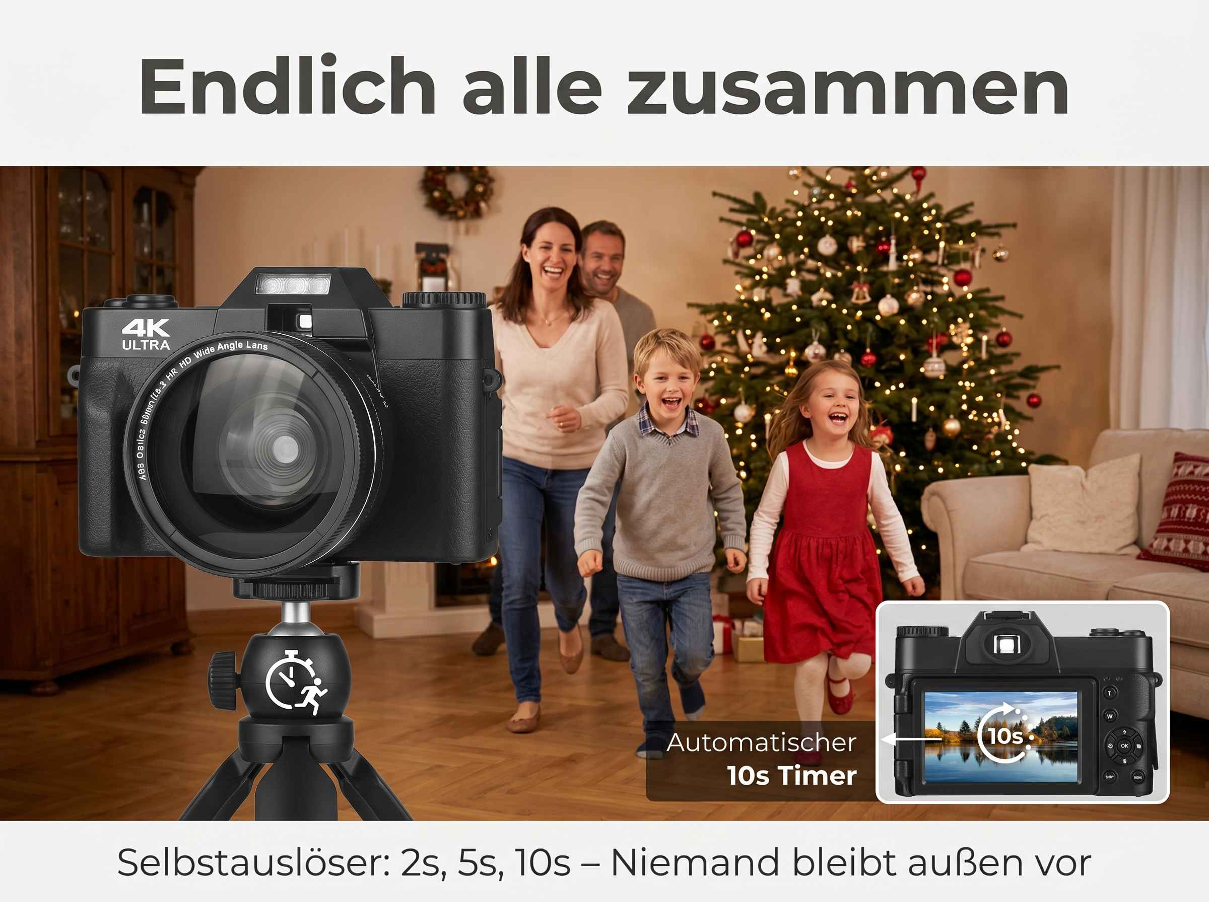 Familie vor Kamera und Weihnachtsbaum. Kameradisplay zeigt 10s Timer.