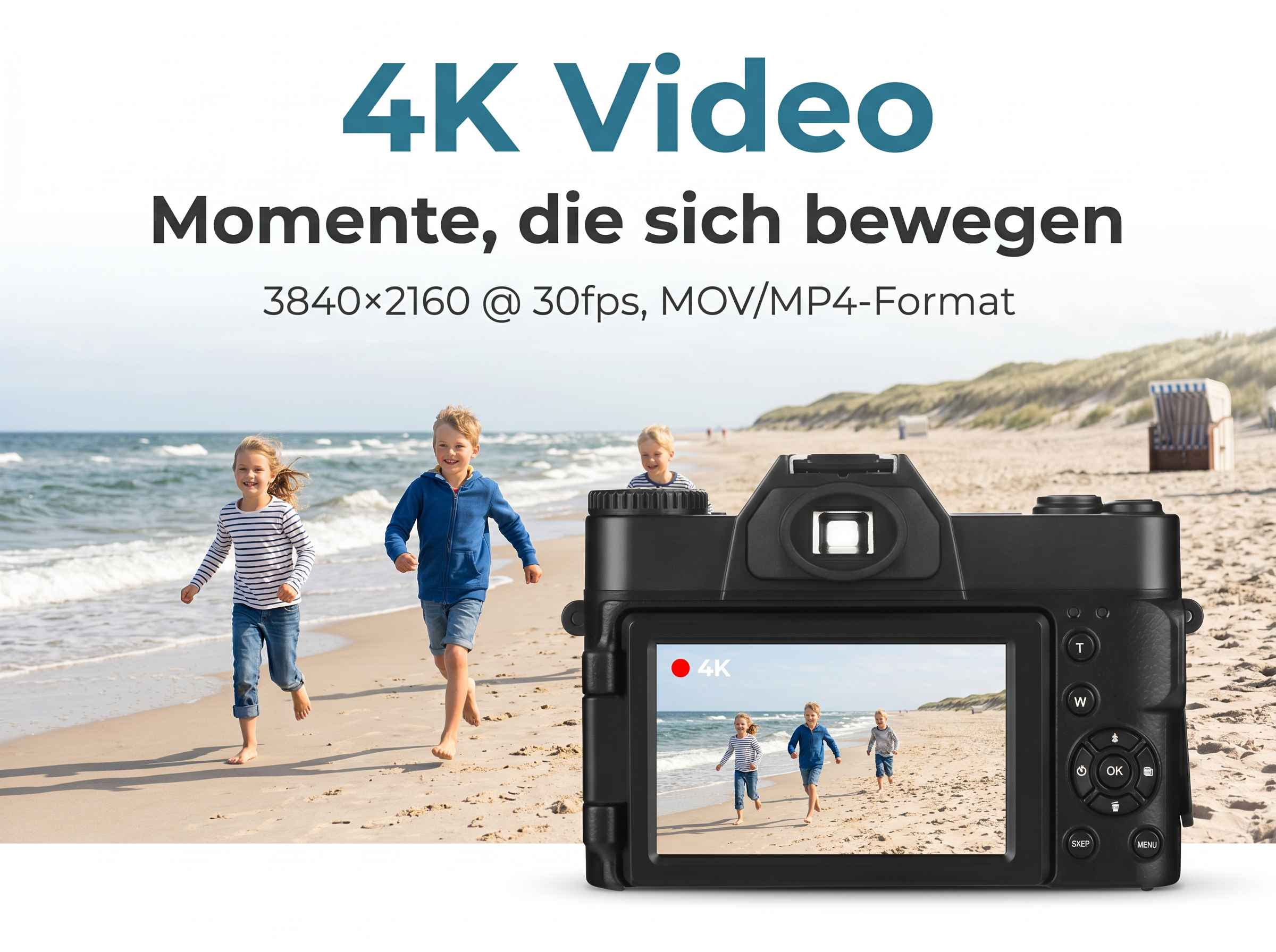 Kinder rennen am Strand, eine Kamera zeigt das Video. 4K.