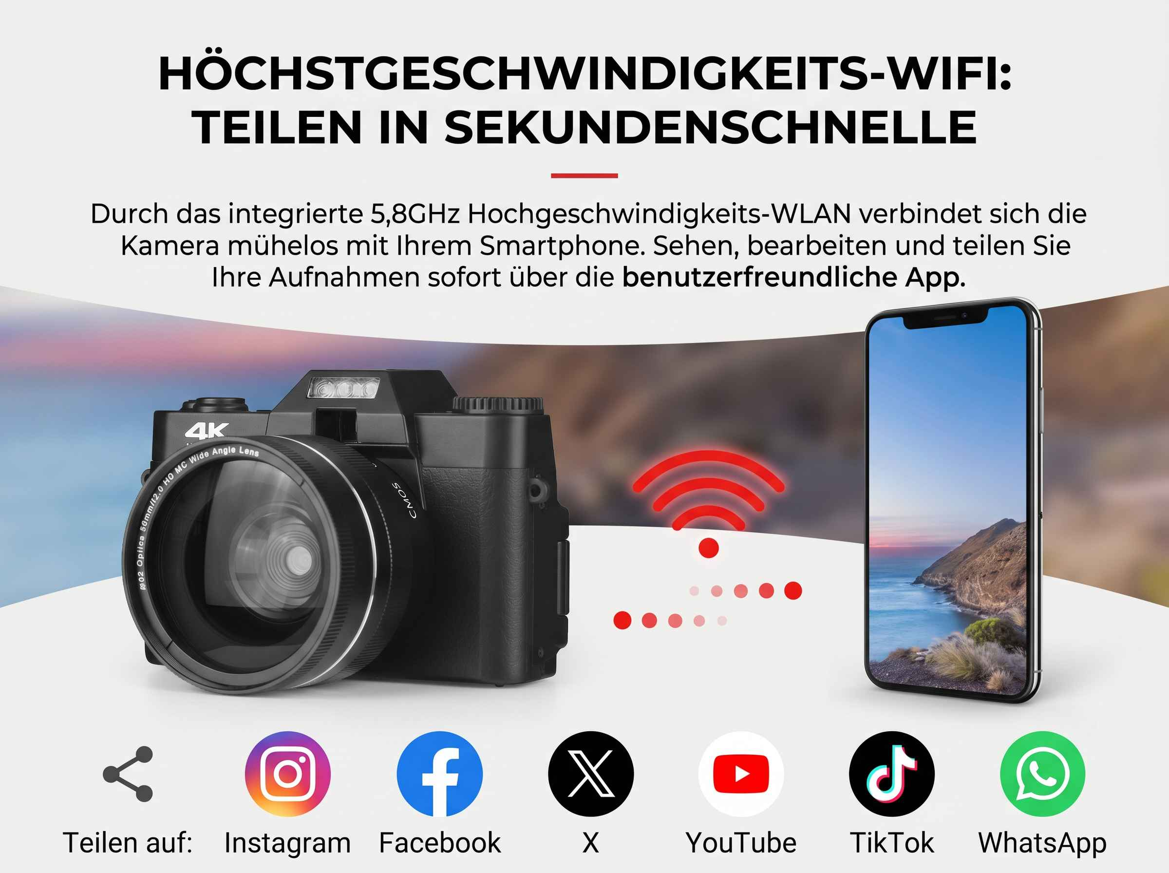 Kamera verbindet sich per WLAN mit Smartphone. Icons: Instagram, Facebook, X, YouTube, TikTok, WhatsApp.