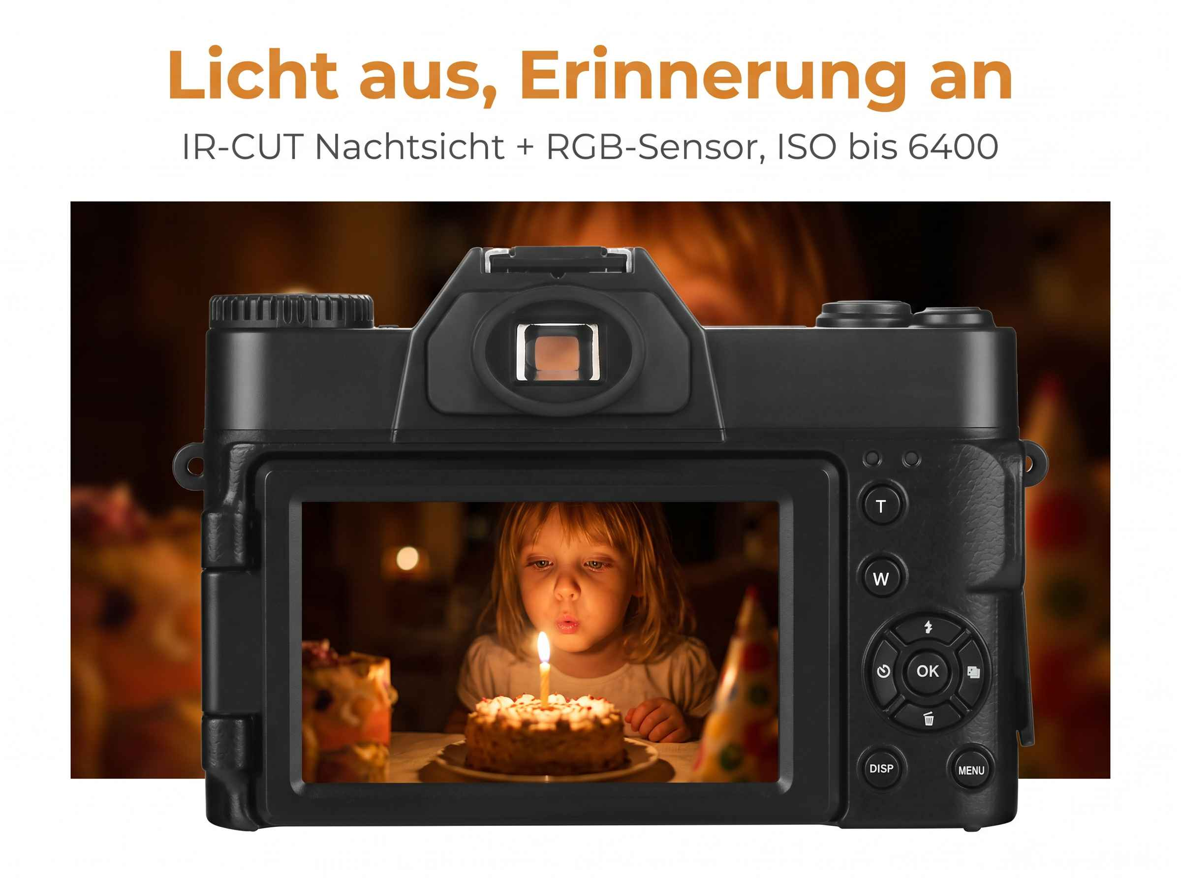Ein schwarzes Kameradisplay zeigt ein Mädchen, das eine Kerze auf einem Kuchen auspustet.