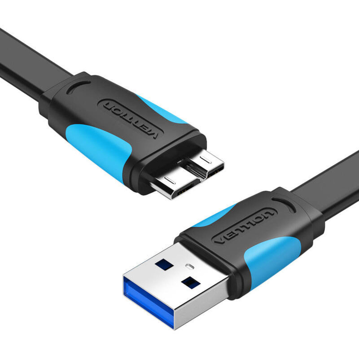 Un cavo USB nero con connettori blu e neri.