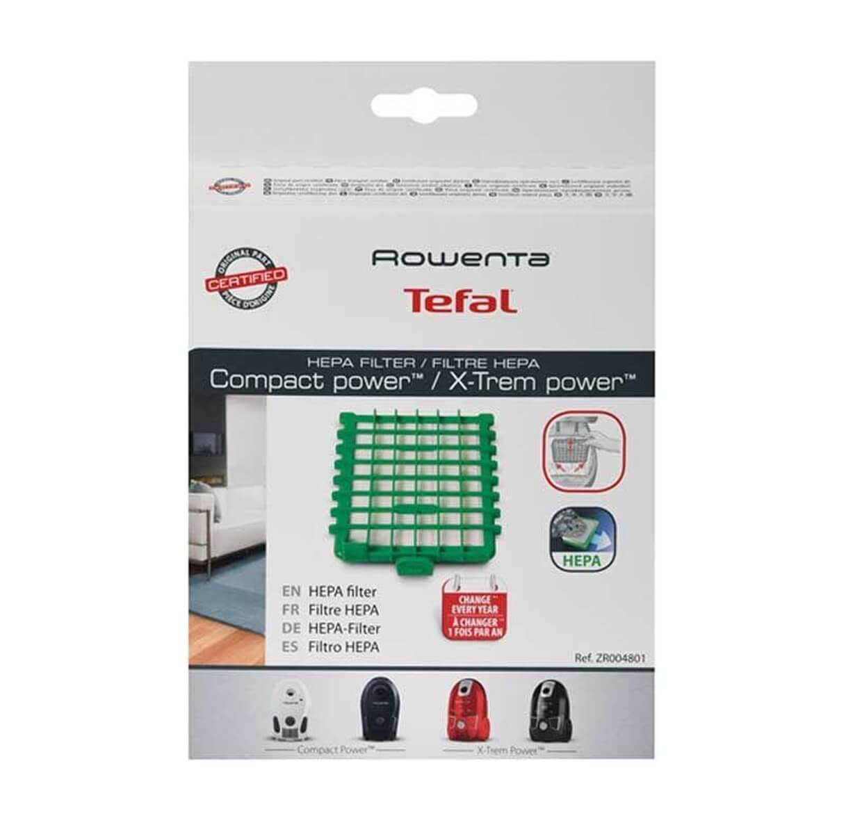 Verpackung für Rowenta HEPA-Filter, zeigt grünen Filter und Staubsauger.