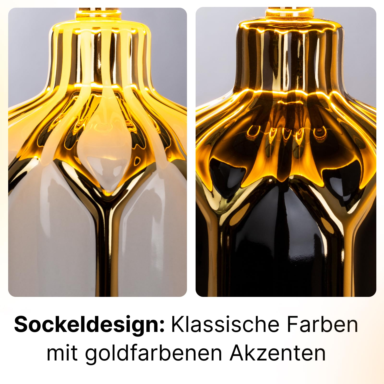 Zwei Lampenfüße mit goldenen Akzenten: links weiß, rechts schwarz.