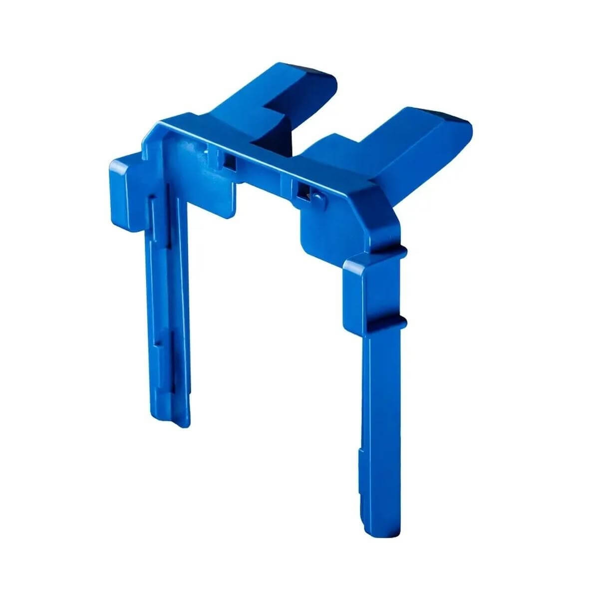 Un adaptateur bleu en plastique avec deux supports verticaux et une pièce de connexion horizontale.