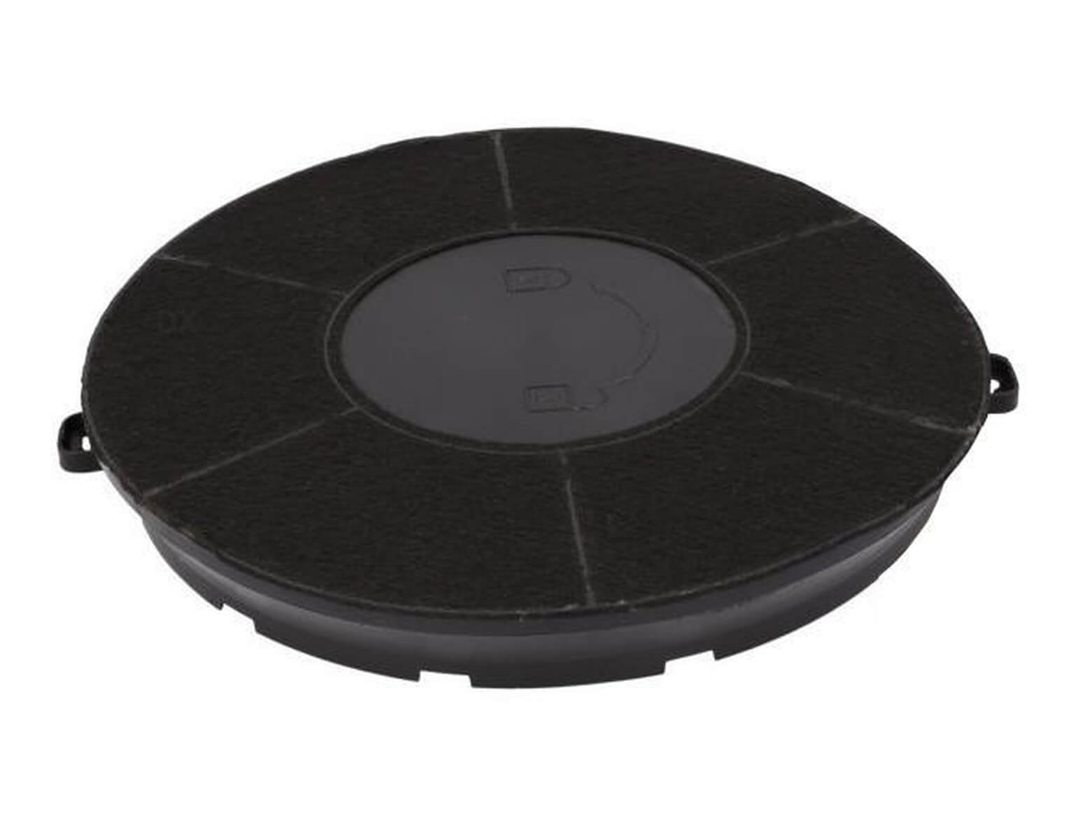 Un filtre rond à charbon actif noir avec une section ovale centrale et des symboles de flèche.