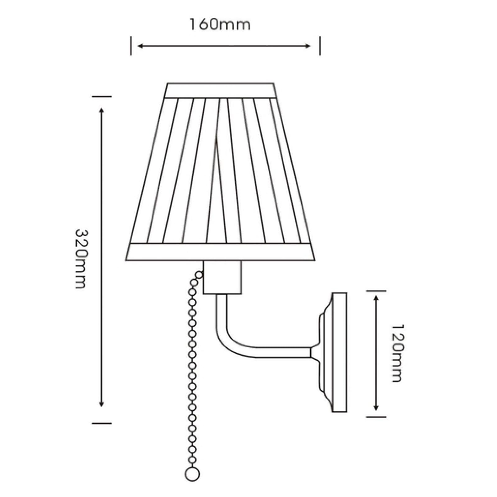 Technische Zeichnung einer Wandleuchte mit Maßen. Schirm 160mm, Höhe 320mm, Wandhalter 120mm.