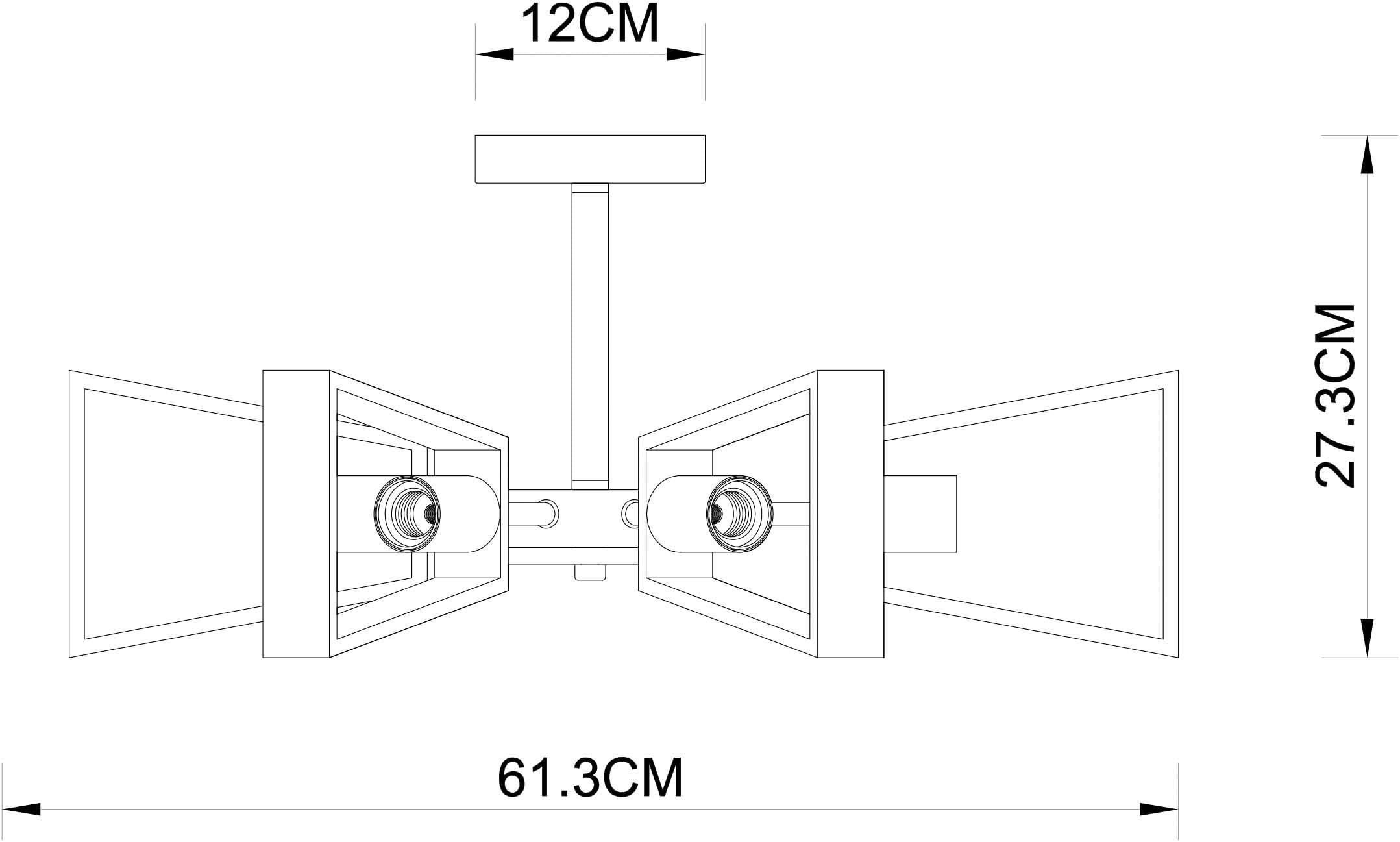 Zeichnung einer Deckenleuchte mit mehreren Glühbirnen. Maße: 61,3 cm B, 27,3 cm H, 12 cm Sockel.