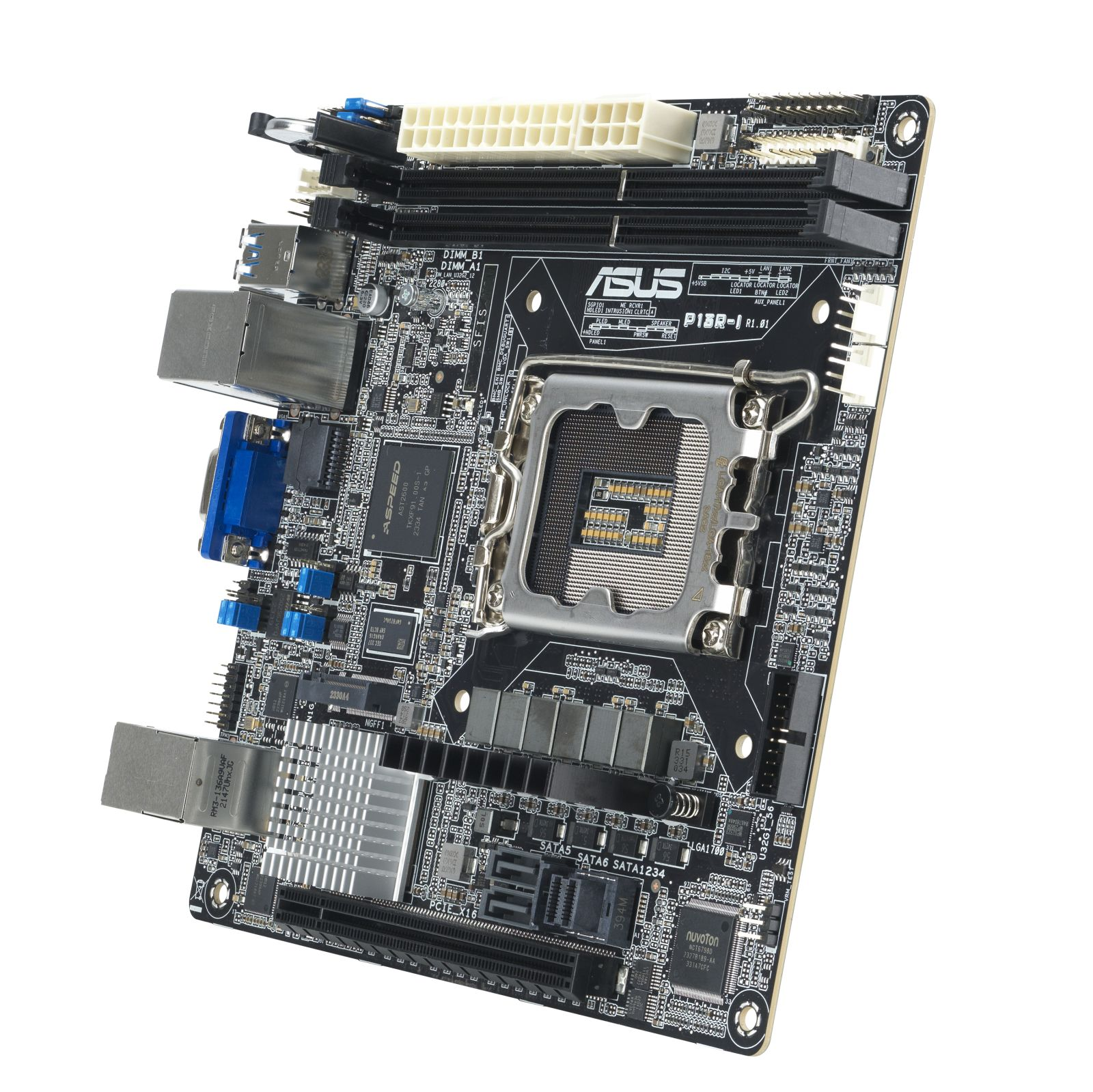 Carte mère ASUS noire avec socket CPU, slots RAM, ports VGA et USB.