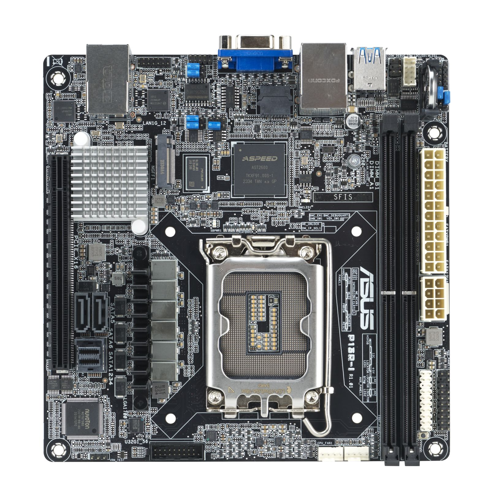 Une carte mère ASUS noire avec socket CPU, emplacements RAM et divers connecteurs.