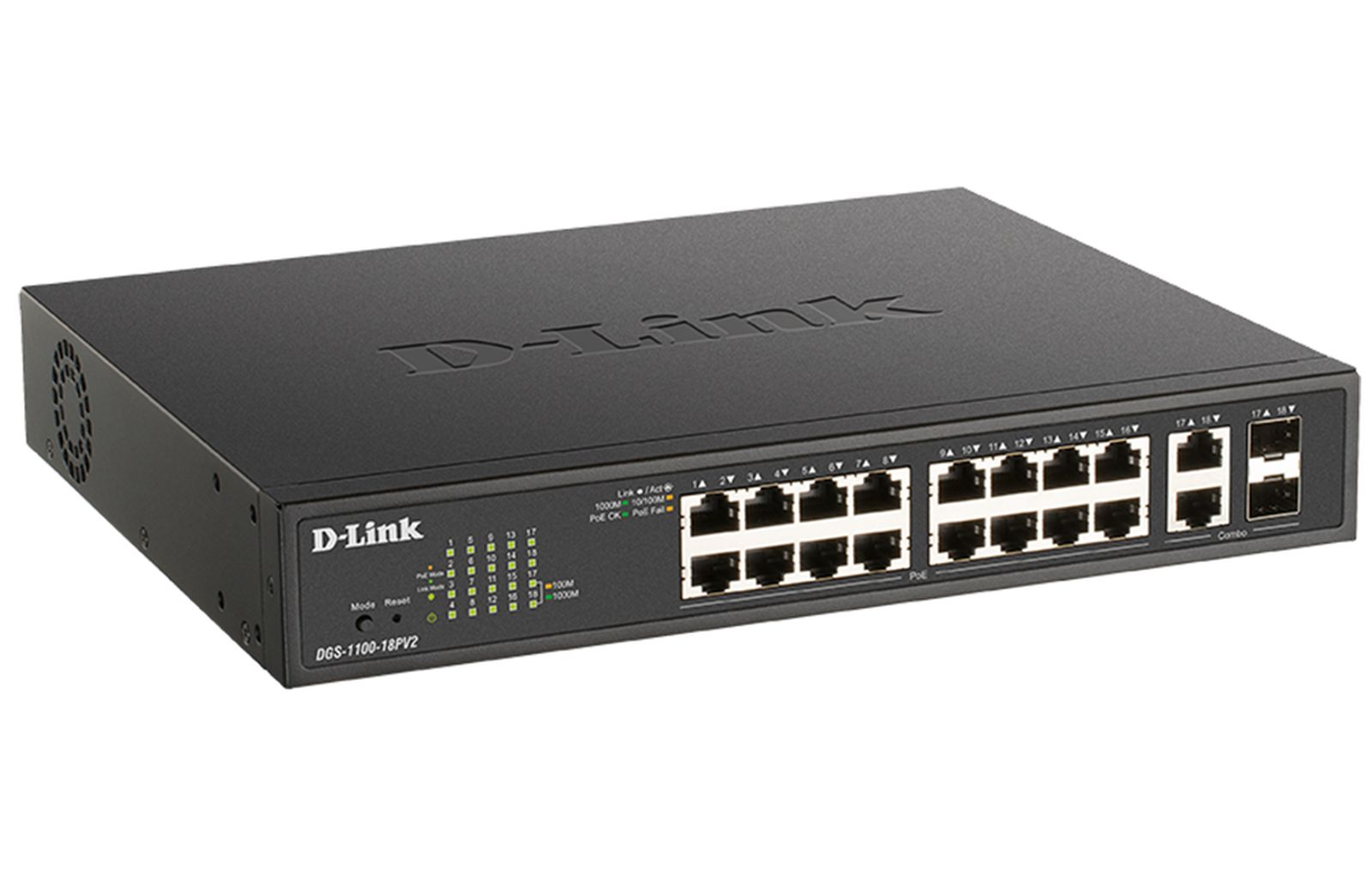 Uno switch di rete D-Link nero con 18 porte e luci di segnalazione.