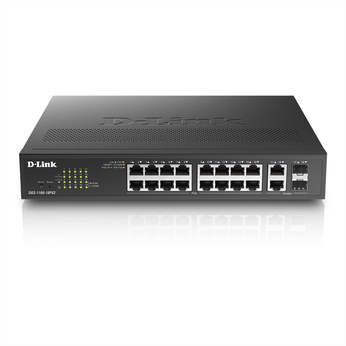 Uno switch di rete D-Link nero con 18 porte e spie luminose.