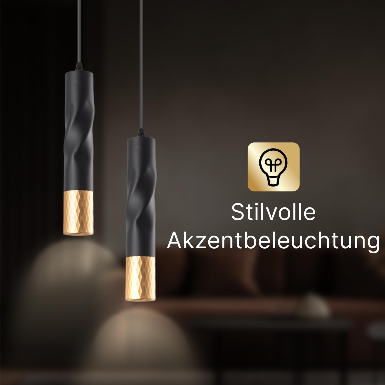 Zwei schwarze Hängeleuchten mit goldenen Akzenten, gedrehtes Design.