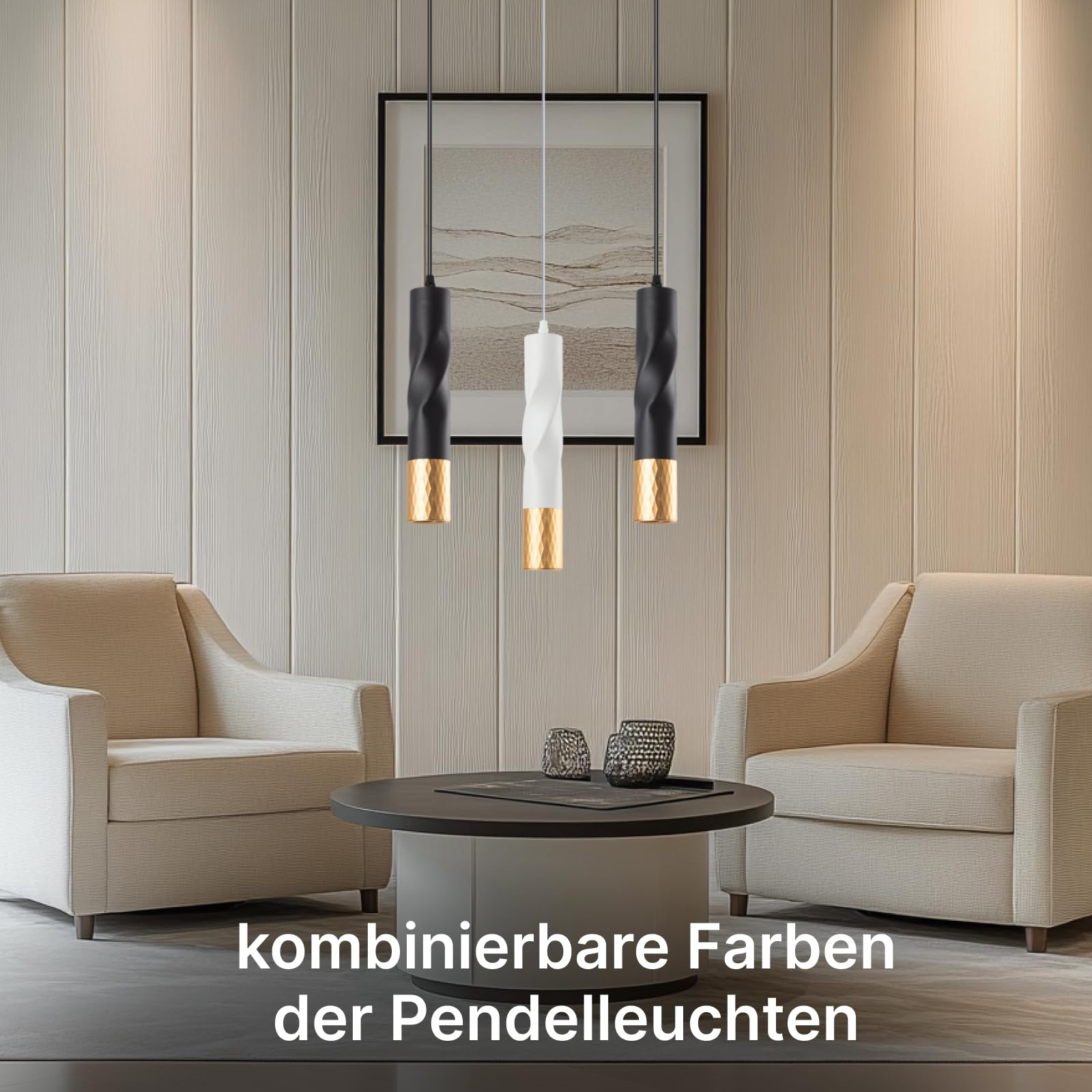 Drei Hängeleuchten in Schwarz, Weiß und Schwarz über einem Couchtisch.